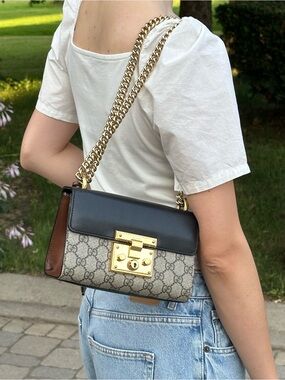 Gucci Small GG Supreme Black Padlock Shoulder Crossbody Bag